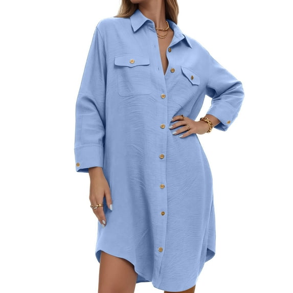 Dxzfnsa Linen Shirts for Women Lightweight Casual Solid Color Long Shirts Long Sleeve Button Open Front Blouses New Fashion Fall Shirt Coats with Pockets