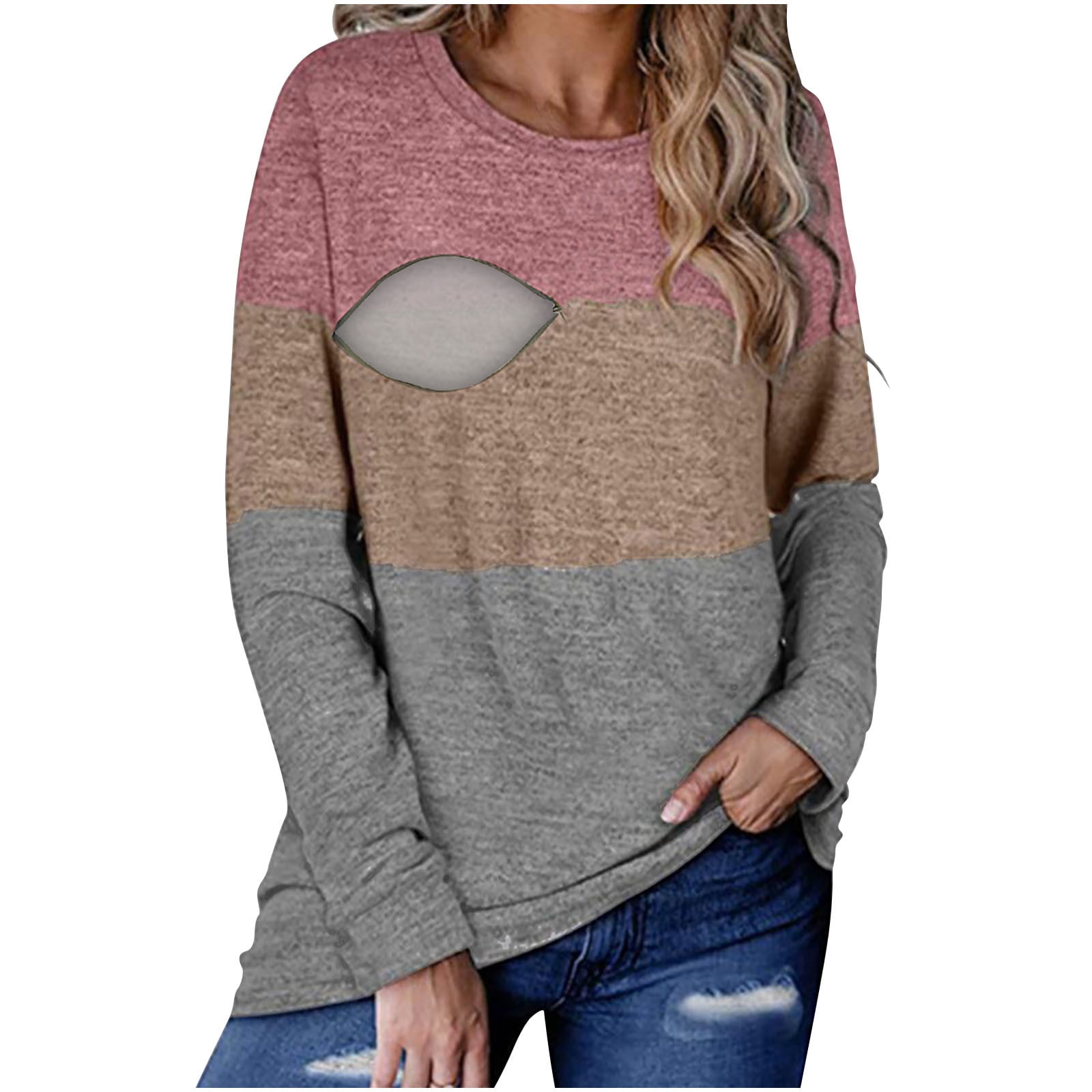 Long Sleeve Maternity Clothes for Women Womens Fashion Patchwork Color Pregnant Shirts Fashion Casual Round Neck Breastfeeding Tops Winter Maternity Clothes