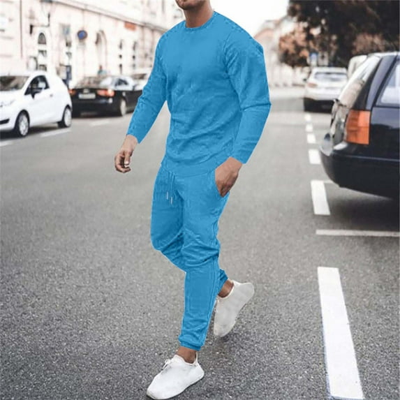 Dxzfnsa Long Sleeve Sweat Suits for Men 2 Piece Mens Solid Color Casual Sets Round Neck Sweatshirts Drawstring Sweatpants Sport Jogging Suits with Pockets