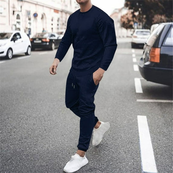 Dxzfnsa Long Sleeve Sweat Suits for Men 2 Piece Mens Solid Color Casual Sets Round Neck Sweatshirts Drawstring Sweatpants Sport Jogging Suits with Pockets