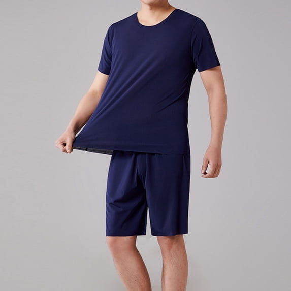 Dxzfnsa Lounge Sets for Men Summer Fashion Mens Solid Color Sleepwear Casual 2 Piece Short Sleeve Crew Neck Tops Elastic Waist Shorts Suits Comfortable Soft Pajama Sets
