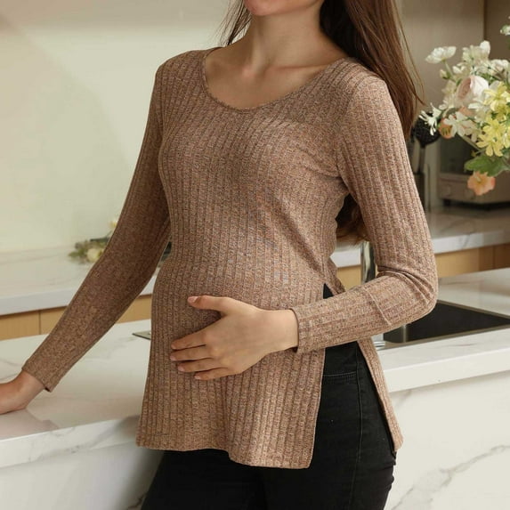 Dxzfnsa Maternity Shirts for Women Womens Long Sleeve Pregnancy Tee Tops Comfy Breathable Solid Color Maternity Blouses Round Neck Ribbed Knit Clothes