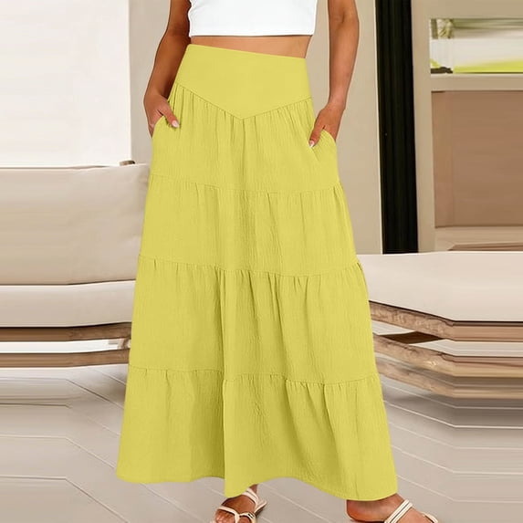 Dxzfnsa Maxi Long Skirts for Women Ankle Length High Waisted Pleated Flowy A Line Skirts Summer Womens Casual Solid Color Skirts with Pockets