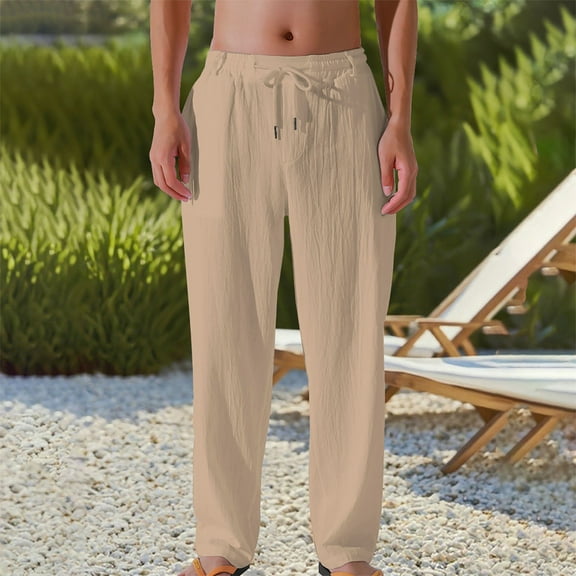 Dxzfnsa Men Linen Casual Fashion Breathable Drawstring Tightness Waist Broad Legs Pants Long Pants men's pants(Khaki,2XL)