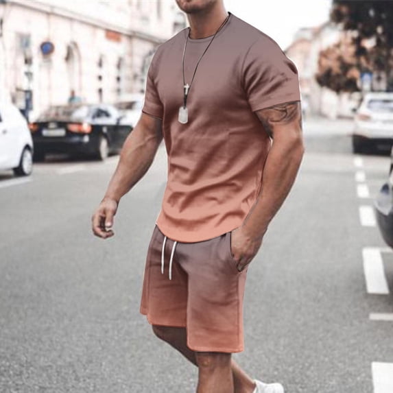 Dxzfnsa Men's 2 Piece Outfits Mens Fashion Gradient Color Short Sleeve Sets Oversize Drop Shoulder Tee Shirts Shorts Sets Summer Athletic Jogging Tracksuits