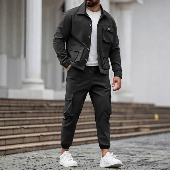 Dxzfnsa Men's 2 Piece Outfits Mens Long Sleeve Button Up Jackets and Drawsrtring Cargo Pants Fall Winter Solid Color Tracksuits