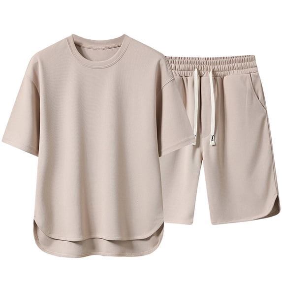 Dxzfnsa Men's Big and Tall Shorts Sets Lightweight Round Neck Short Sleeve Tops and Track Shorts Summer Mens Casual Solid Color 2 Piece Outfits