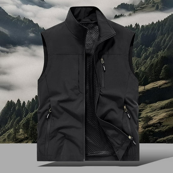 Dxzfnsa Men's Cargo Vests Mens Casual Lightweight Zipper Up Stand Up Vests Thin Sports Solid Color Sleeveless Jackets with Pockets Outdoor Hiking Vests