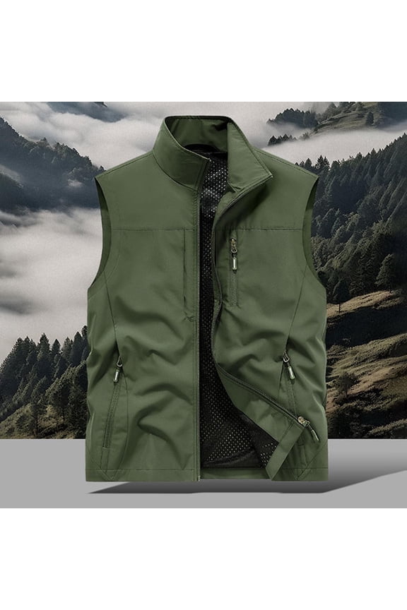 Men's Cargo Vests Mens Casual Lightweight Zipper Up Stand Up Vests Thin Sports Solid Color Sleeveless Jackets with Pockets Outdoor Hiking Vests