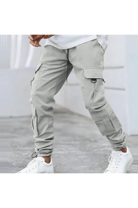 Men's Casual Cargo Pants Elastic Waist Drawstring Tapered Pants for Men Joggers Hiking Pants with Multi Pockets Pants for Men(Gray-3XL)