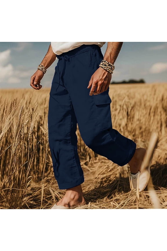Men's Casual Cargo Pants Workout Joggers Stretch Sweatpants Hiking Drawstring Tactical Pants with Multi Pockets Sweatpants,Dark Blue-XL