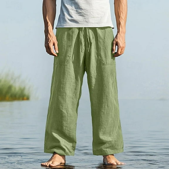 Dxzfnsa Men's Casual Linen Pants Loose Fit Drawstring Waist Lightweight Linen Trousers Summer Yoga Beach Long Pants Golf Pants Men,Green-5XL