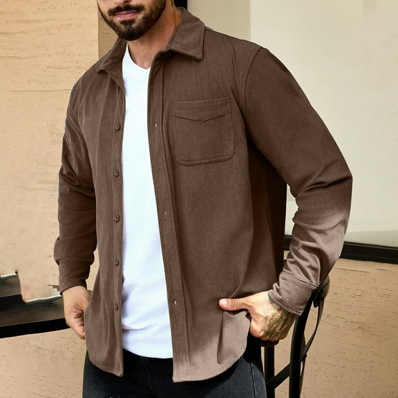 Dxzfnsa Men's Corduroy Jackets Men's Casual Vintage Solid Color Coats Fashion Button Up Lapel Collar Coats Long Sleeve Cardigan Jackets with Pockets