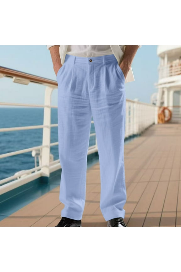 Men's Cotton Linen Harem Pants Drawstring Casual Cropped Trousers Lightweight Loose Beach Yoga Pants with Pockets men's pants(Light Blue,M)