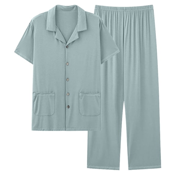 Dxzfnsa Men's Cotton Pajamas Sets Men Comfortable Short Sleeve Button Up Shirts Elastic Waist Long Pants Two Pieces Fashionable Solid Color Loungewear with Pockets