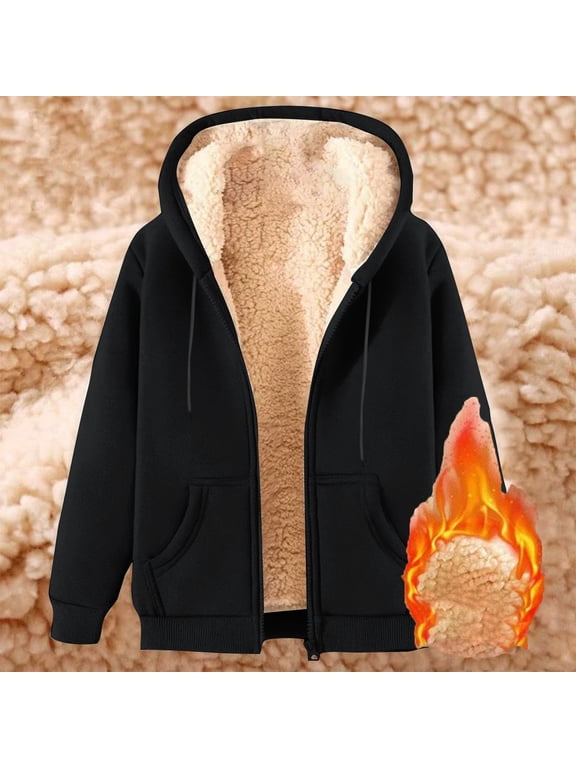 Heavyweight Hoodie for Men Mens Fleece Sherpa Lined Long Sleeve Jackets Winter Warm Zipper Solid Color Hooded Jackets with Pocket
