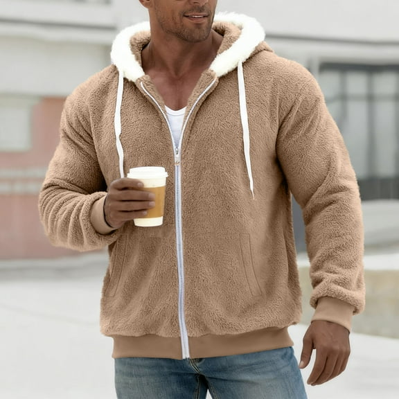 Dxzfnsa Men's Fleece Hoodies Mens Long Sleeve Solid Color Sherpa Jackets Full Zip Warm Fuzzy Coats Hooded Outwear with Pockets