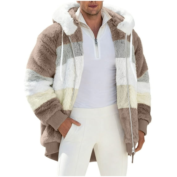 Dxzfnsa Men's Fuzzy Sherpa Hoodies Heavyweight Fleece Patchwork Color Jackets Zip Up Hooded Sweatshirt Sports Coats