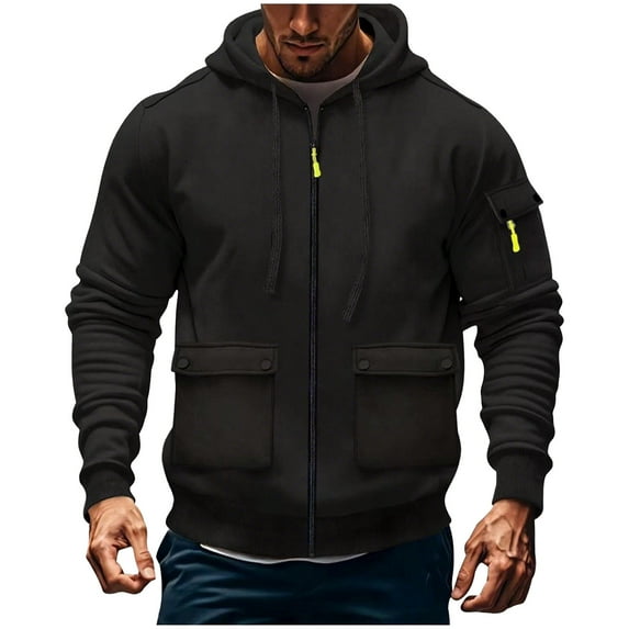 Dxzfnsa Men's Hoodies Casual Long Sleeve Cargo Jackets for Men Full Zipper Solid Color Sweatshirts with Multiple Pockets Sports Training Loose Hooded Coats