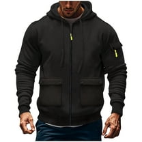 Dxzfnsa Men's Hoodies Casual Long Sleeve Cargo Jackets for Men Full Zipper Solid Color Sweatshirts with Multiple Pockets Sports Training Loose Hooded Coats