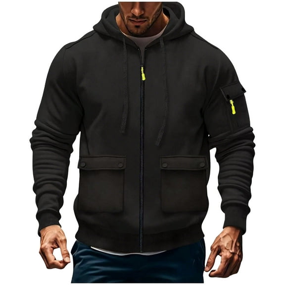 Dxzfnsa Men's Hoodies Casual Long Sleeve Cargo Jackets for Men Full Zipper Solid Color Sweatshirts with Multiple Pockets Sports Training Loose Hooded Coats