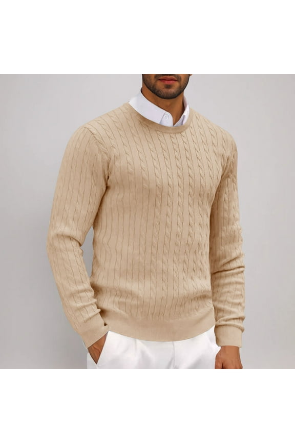 Men's Knit Sweaters Men Fashion Casual Solid Color Pullovers Long Sleeve Round Neck Pullover Sweaters Loose Texture Knit Collar Sweaters