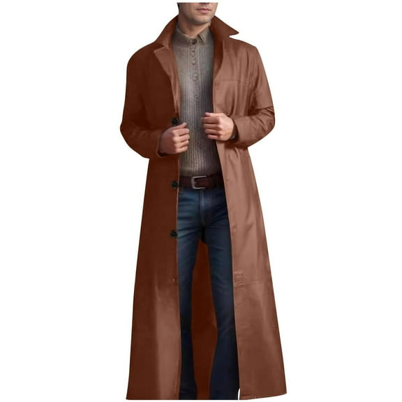 Dxzfnsa Men's Leather Long Trench Coats Mens Fashion Button Long Sleeve Cardigan Jackets Vintage Solid Color Full Length Overcoats