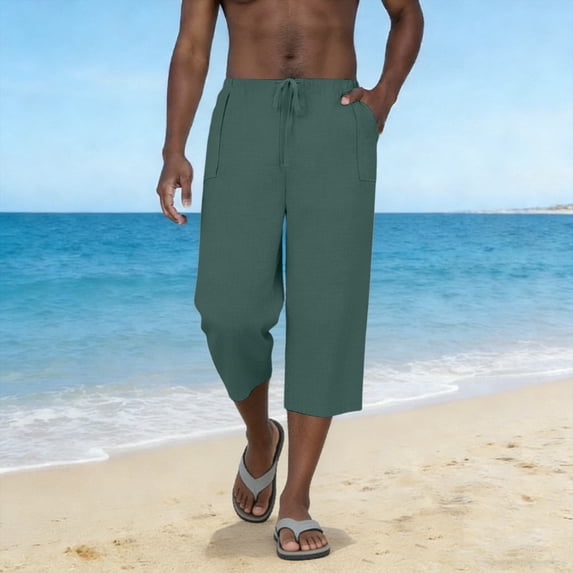Dxzfnsa Men's Linen Capri Pants Plus Size Men Casual Lightweight Solid Color 3/4 Pants Elastic Waist Drawstring Beach Trousers with Pockets