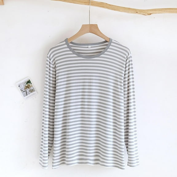 Dxzfnsa Men's Pajamas Mens Solid Color Long Sleeve Striped Pajama Tops Comfy Round Neck Pajama Pullovers Fall Winter Loose Sleepwear