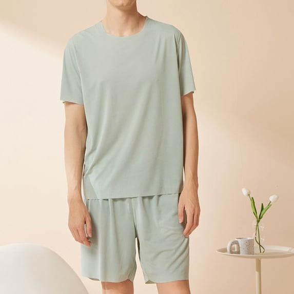 Dxzfnsa Men's Pajamas Sets Mens Casual Short Sleeve Crew Neck Shirts and Elastic Shorts Soft 2 Piece Solid Color Loungewear