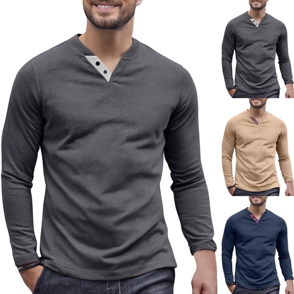 Dxzfnsa Men's Shirts Long Sleeve Cotton T-Shirt Crew Neck Midweight Tees Classic Basic Casual Tops Plain Soft Shirt Men's Solid Color Long Sleeved Button V-neck Base T-shirt