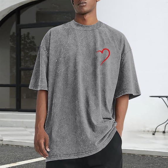 Dxzfnsa Men's Valentines T-Shirts Men Cotton Vintage Washed Heart Printed Pullover Tops Loose Fit Short Sleeve Crew Neck Tee Shirts