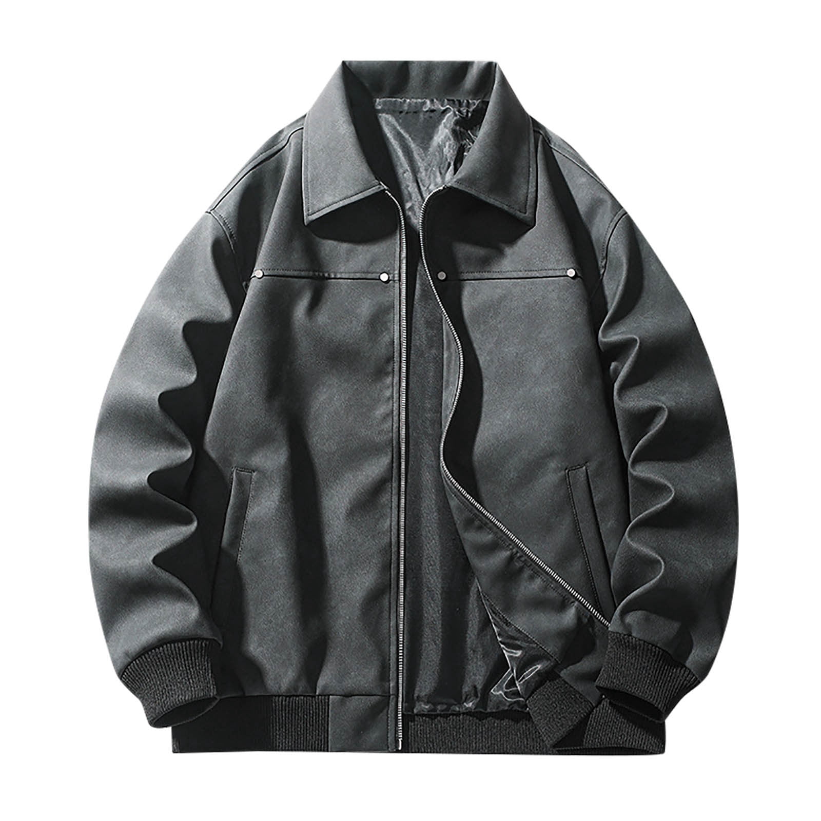 Dxzfnsa Men's Zipper Up Jackets Men Loose Casual Solid Color Coats Lapel Collar Long Sleeve Coats Leather Locomotive Jackets with Pockets