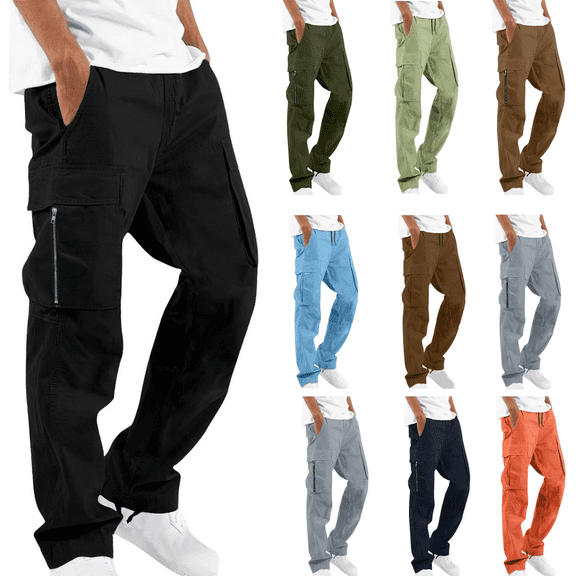 Dxzfnsa Mens Baggy Cargo Pants Men Casual Solid Color Sweatpants Drawstring Waist Multiple Pockets Trousers Outdoor Straight Fitness Pants S-XXL