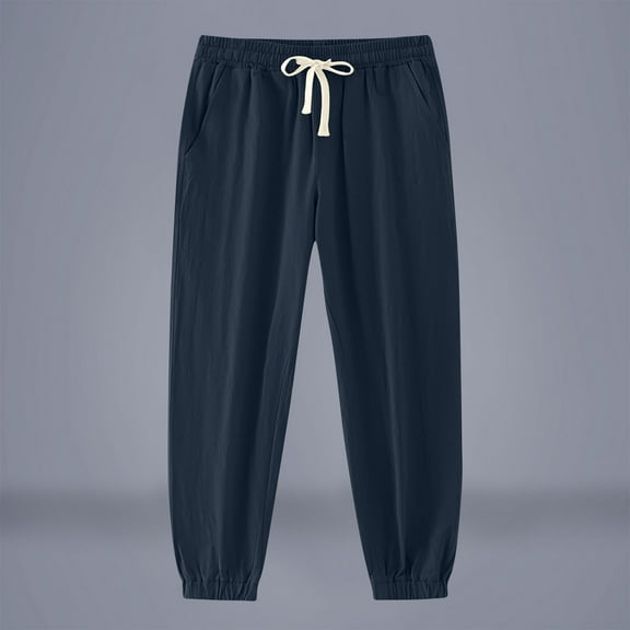 Dxzfnsa Mens Casual Pants Drawstring Elastic Waist Joggers Sweatpants with Pockets Straight Leg Cargo Pants linen pants men(Navy,S)