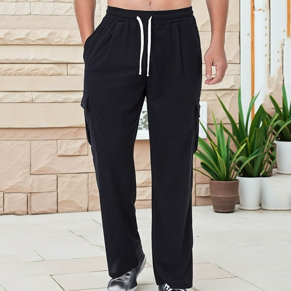 Dxzfnsa Mens Corduroy Joggers Pants Casual Cargo Pants Drawstring Elastic Waist Baggy Tapered Sweatpants with Pockets Sweatpants for Men,Black-XL