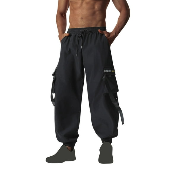 Dxzfnsa Mens Corduroy Pants Joggers Tapered Elastic Waist Drawstring with Pockets Sweatpants Cargo Baggy Long CasualCargo Pants for Men,Black-L