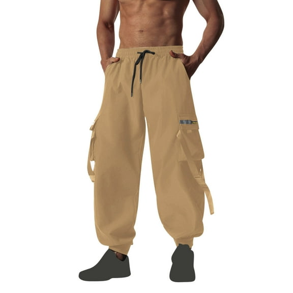 Dxzfnsa Mens Corduroy Pants Joggers Tapered Elastic Waist Drawstring with Pockets Sweatpants Cargo Baggy Long CasualMens Cargo Pants,Khaki-L
