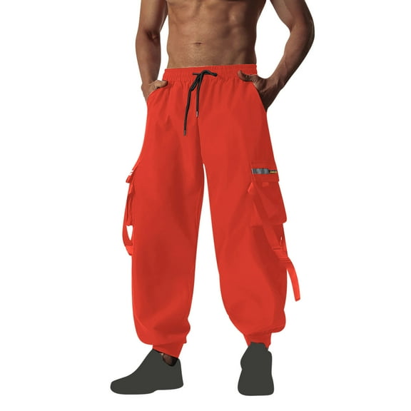 Dxzfnsa Mens Corduroy Pants Joggers Tapered Elastic Waist Drawstring with Pockets Sweatpants Cargo Baggy Long CasualTactical Pants for Men,Orange-XL
