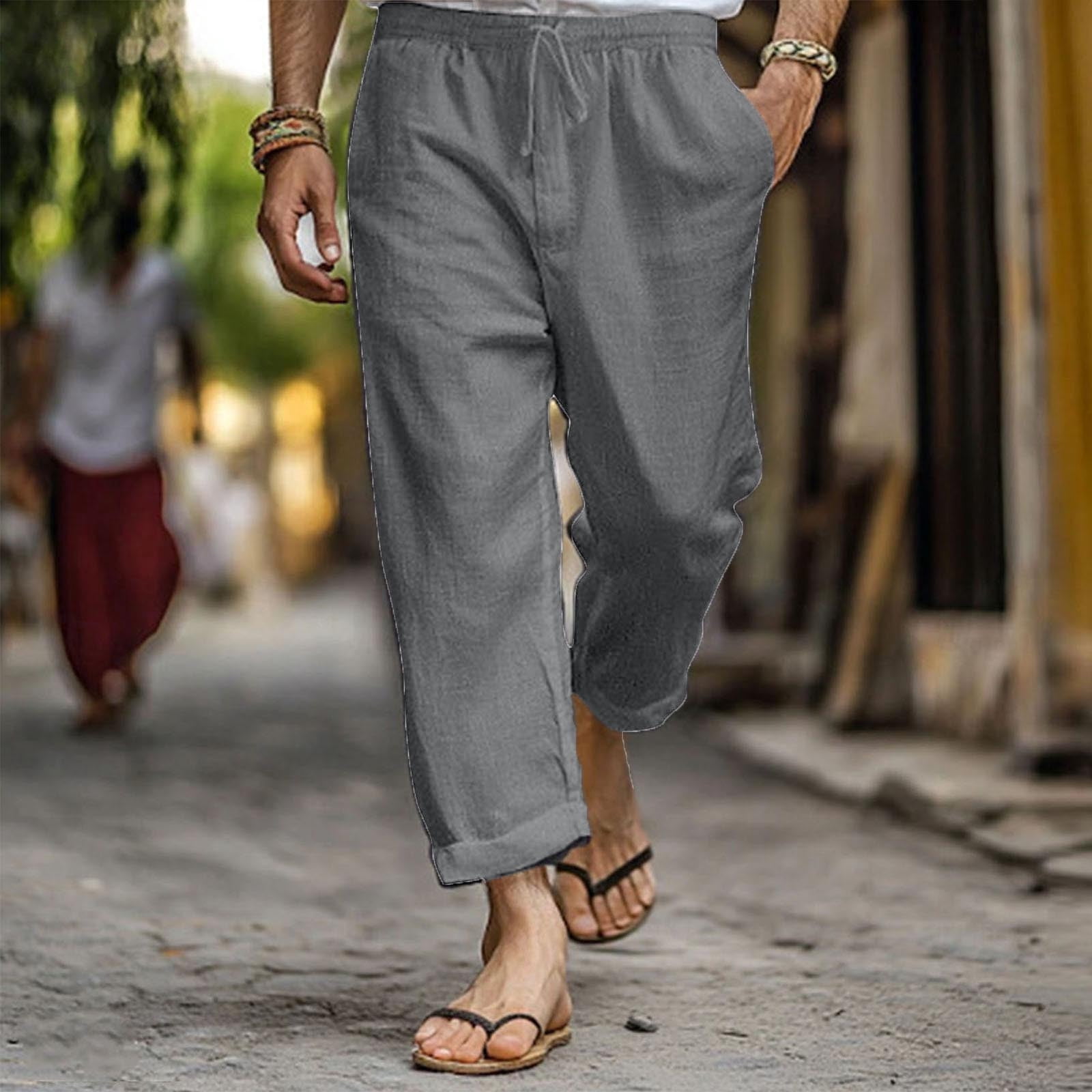 Dxzfnsa Mens Cotton Linen Pants Men's Casual Solid Color Elastic