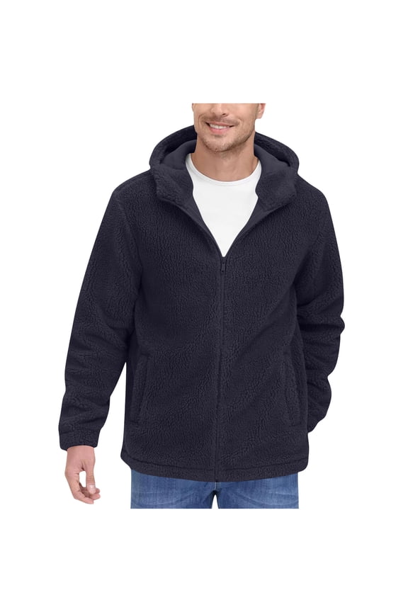 Mens Hood Jacket Full Zip Fluffy Fleece Outerwear Hooded Jacket Warm Comfort Fit Daily Wear Vintage Coat