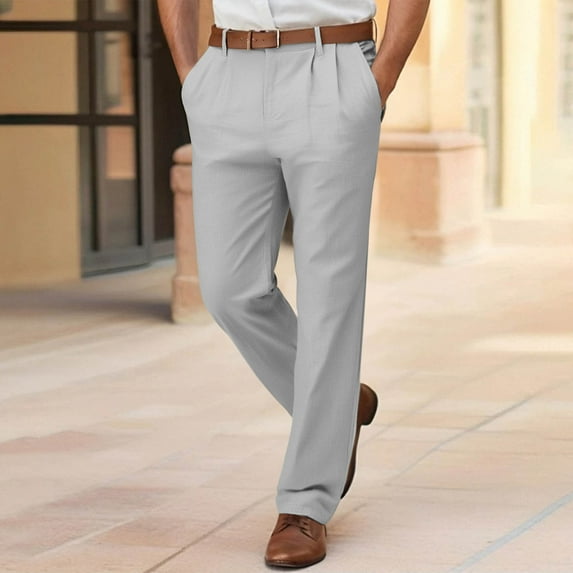 Dxzfnsa Mens Linen Pants Casual Summer Beach Pants Elastic Waist Drawstring Lightweight Vacation Trousers with Pockets linen pants men(Gray,M)