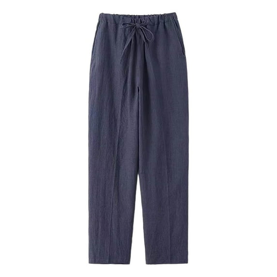 Dxzfnsa Mens Linen Pants Yoga Beach Loose Fit Casual Summer Elastic Waist Drawstring Baggy Trousers with Pockets dress pants for men(Navy,XL)