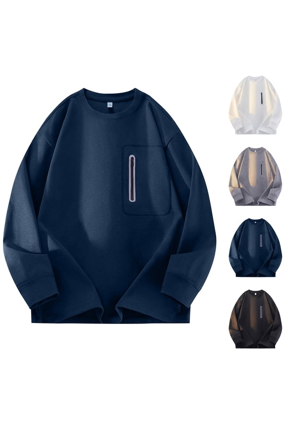 Mens Long Sleeve Tee Shirts Cotton Crew Neck Moisture Wicking Soft Casual Basic T-Shirts Men's Casual Fashion Solid Color Long Sleeved Round-Neck Pocket Zipper Blouses/Shirts