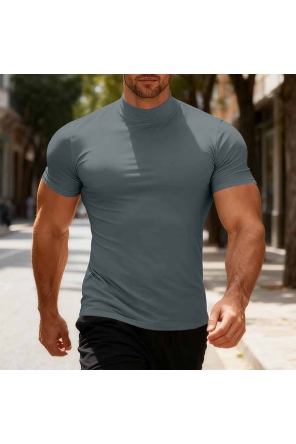 Mens Mock Turtleneck T-Shirts Summer Short Sleeve Basic Tees Casual Solid Color Pullover Tops Breathable Base Layer Shirt Tops