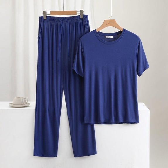 Dxzfnsa Mens Pajamas Sets Men's Breathable Crew Neck Loungewear Solid Color Short Sleeve Tops and Straight Leg Long Pants Pj Sets with Pockets