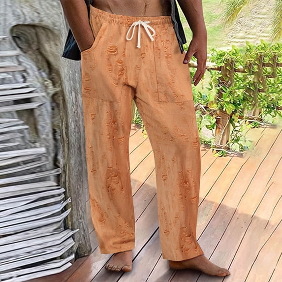 Dxzfnsa Mens Sweatpants with Pockets Lightweight Gym Drawstring Fleece Joggers Casual Elastic Waist Workout Pants Linen Pants Men,Orange-S