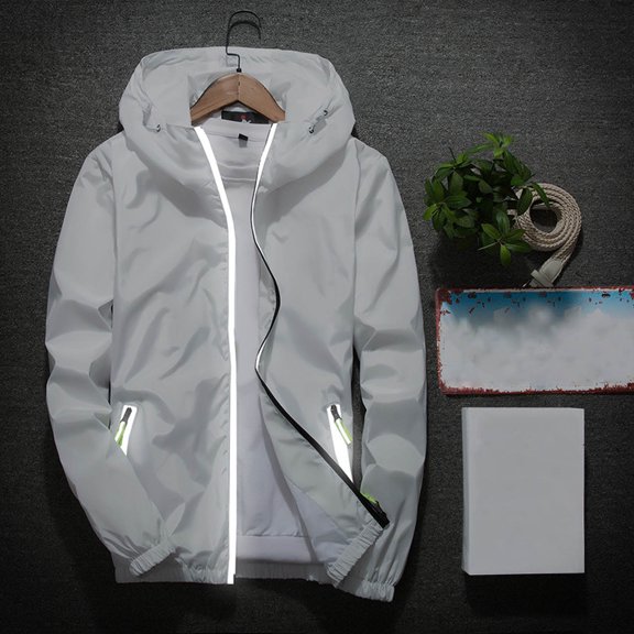 Dxzfnsa Mens Zip Up Hoodies Men's Casual Long Sleeve Reflective Heavyweight Hoodies Loose Solid Color Rain Jackets with Pockets