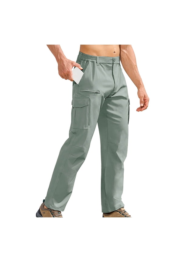 Outdoor Hiking Pants Men's Three Proof Pants Multi Bag Work Pants Loose And Slightly Elastic Straight Leg Solid Color Men's Pants Mens Cargo Pants(Green-XL)