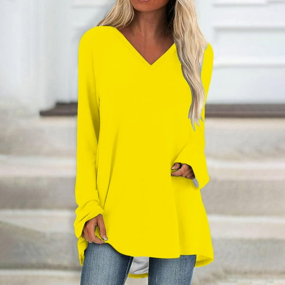 Dxzfnsa Oversized Blouses for Women Women's Solid Color T-shirt Casual Long Sleeves V-Neck Pullovers Loose Fall Basic Work Blouses 2025 Size S-3XL